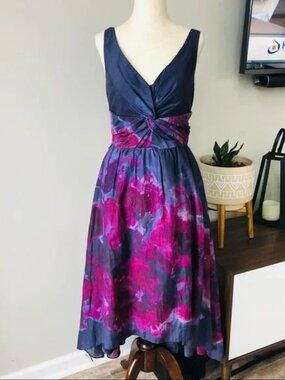 Flirty Feminine Lela Rose Neiman Marcus Bold Floral Twist Top Dress
